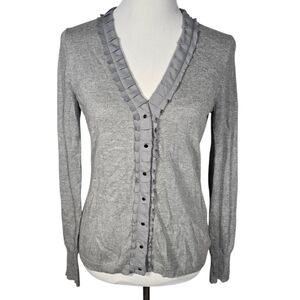 Anne Klein Medium Gray Ruffled V-Neck Snap Up Knit Cardigan Sweater